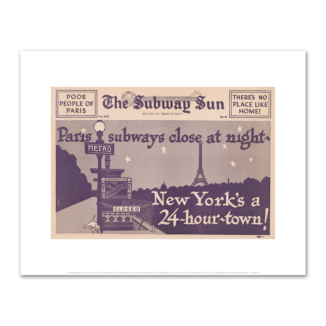 Amelia Opdyke Jones, New York City Transit Authority, The Subway Sun, Paris Subways Close at Midnight, 1956, Art Prints in 4 sizes by 2020ArtSolutions